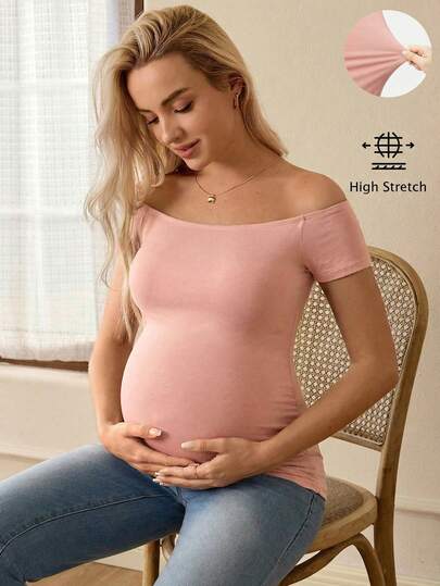 Maternity Simple Solid Off-Shoulder T-Shirt For Daily Wear