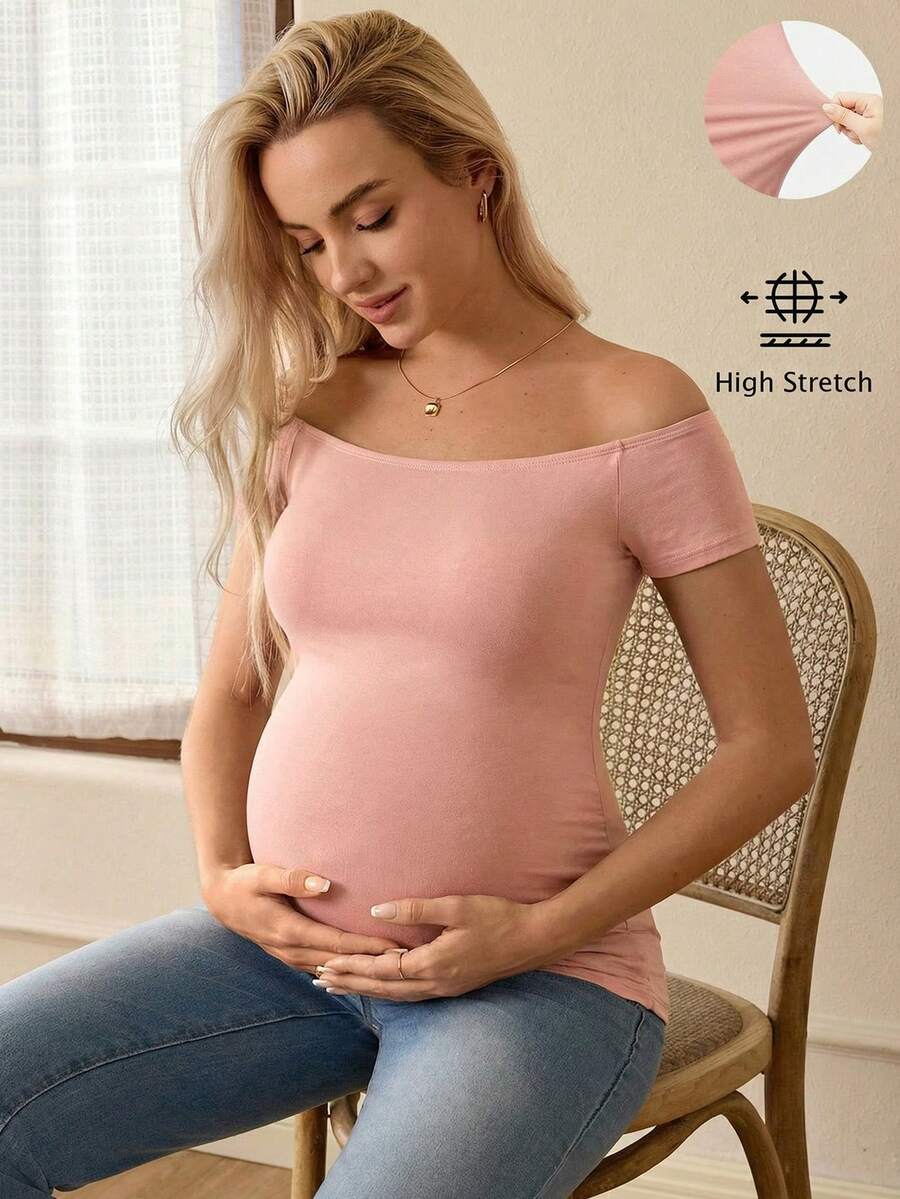Black Off Shoulder Maternity T-Shirt - Slim Fit Knitted Short Sleeve Long Top with Rhinestone Detail and Pockets