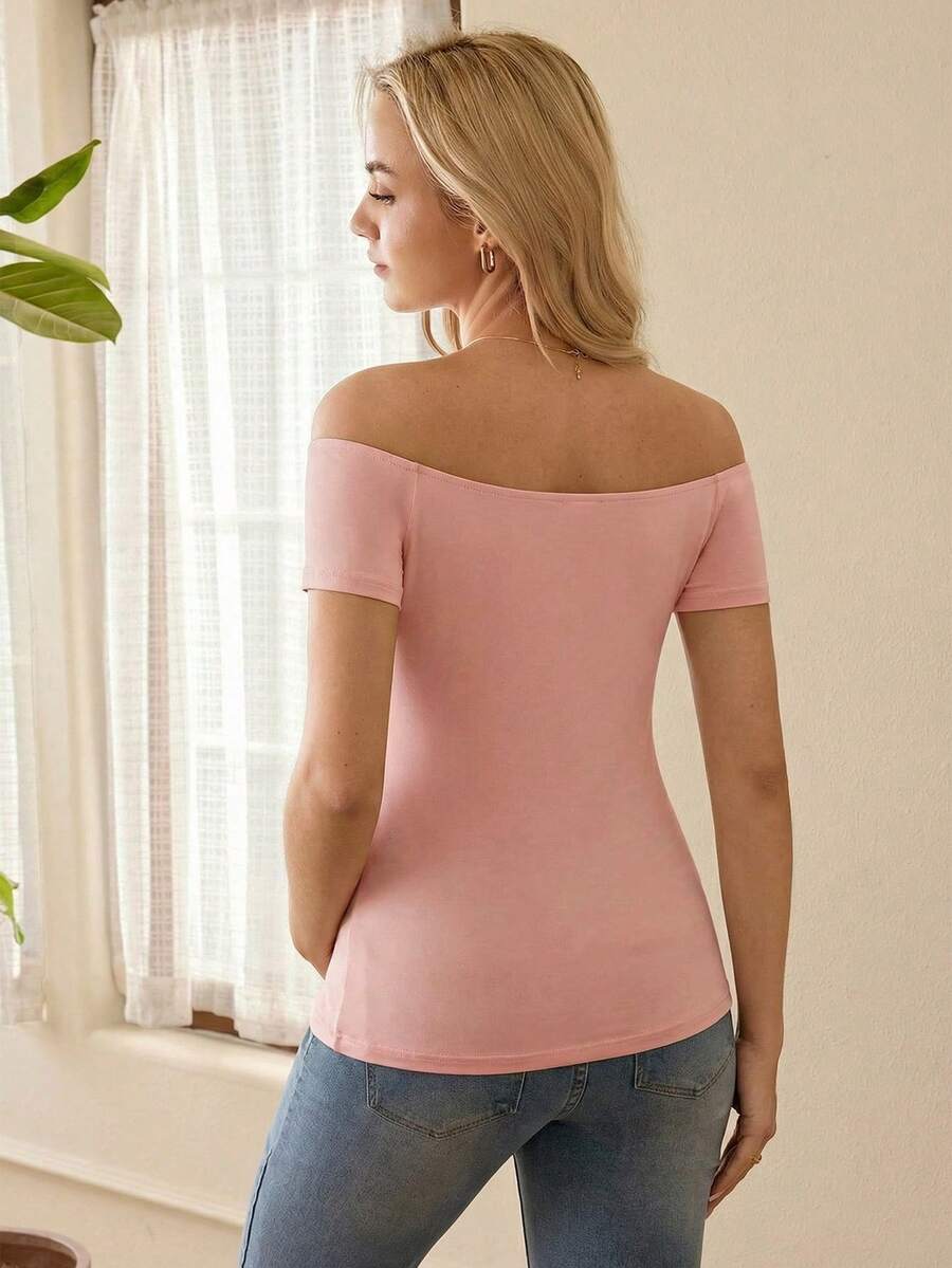Black Off Shoulder Maternity T-Shirt - Slim Fit Knitted Short Sleeve Long Top with Rhinestone Detail and Pockets