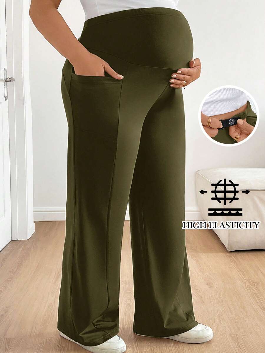 Plus Size Maternity Wide Leg Pants - Adjustable Ultra High Waist, Army Green