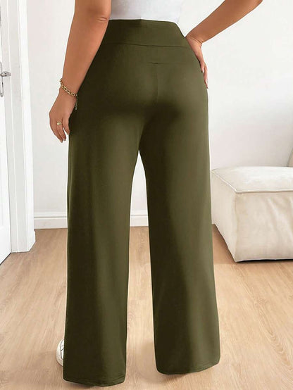 Plus Size Maternity Wide Leg Pants - Adjustable Ultra High Waist, Army Green