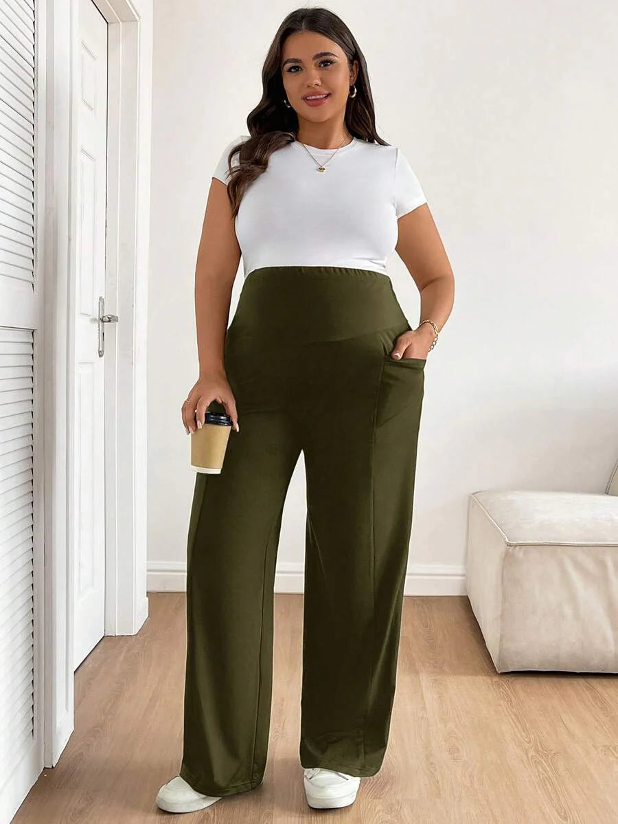 Plus Size Maternity Wide Leg Pants - Adjustable Ultra High Waist, Army Green