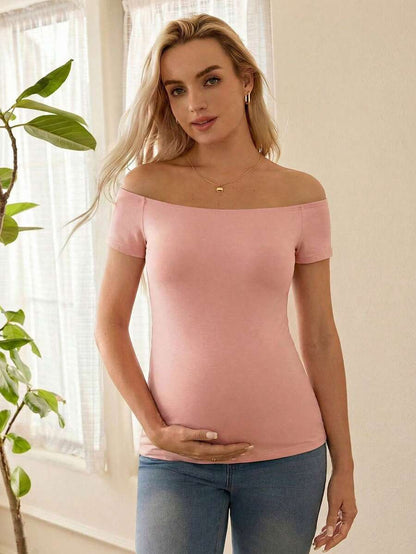 Navy Blue Off Shoulder Maternity T-Shirt with Rhinestone Details Slim Fit High Stretch Short Sleeve Casual Summer Top