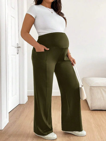 Plus Size Maternity Wide Leg Pants - Adjustable Ultra High Waist, Army Green