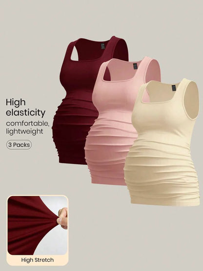 Maternity Ruched Tank Top 3-Pack - Square Neck, Slim Fit, Multicolor