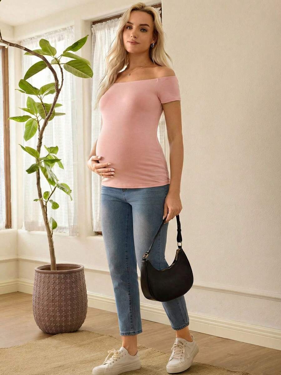 Black Off Shoulder Maternity T-Shirt - Slim Fit Knitted Short Sleeve Long Top with Rhinestone Detail and Pockets