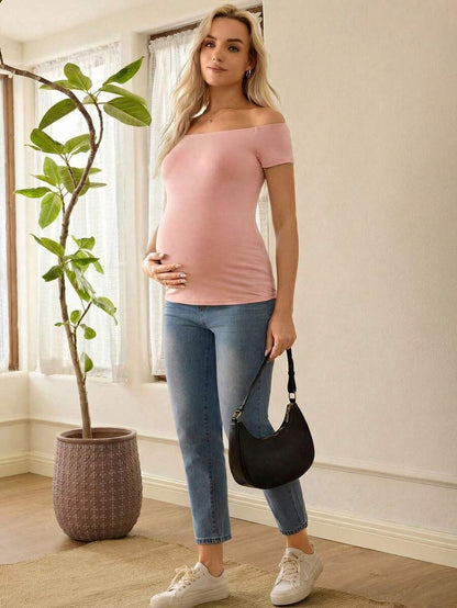 Black Off Shoulder Maternity T-Shirt - Slim Fit Knitted Short Sleeve Long Top with Rhinestone Detail and Pockets