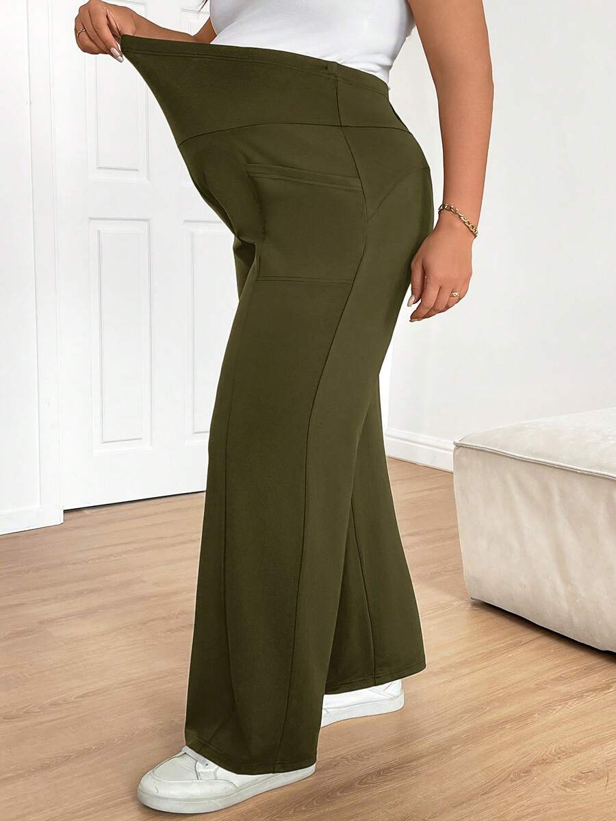 Plus Size Maternity Wide Leg Pants - Adjustable Ultra High Waist, Army Green