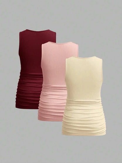Maternity Ruched Tank Top 3-Pack - Square Neck, Slim Fit, Multicolor