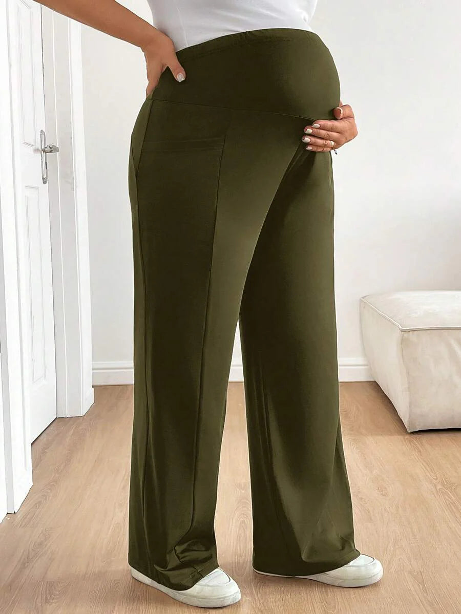 Plus Size Maternity Wide Leg Pants - Adjustable Ultra High Waist, Army Green