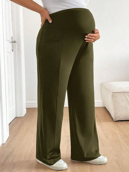 Plus Size Maternity Wide Leg Pants - Adjustable Ultra High Waist, Army Green