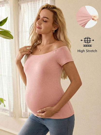 Black Off Shoulder Maternity T-Shirt - Slim Fit Knitted Short Sleeve Long Top with Rhinestone Detail and Pockets