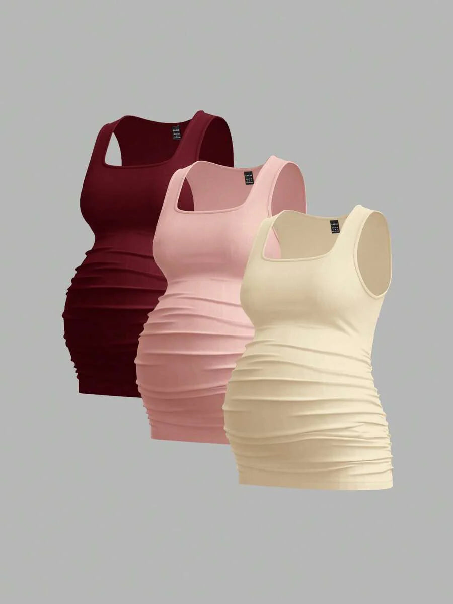 Maternity Ruched Tank Top 3-Pack - Square Neck, Slim Fit, Multicolor