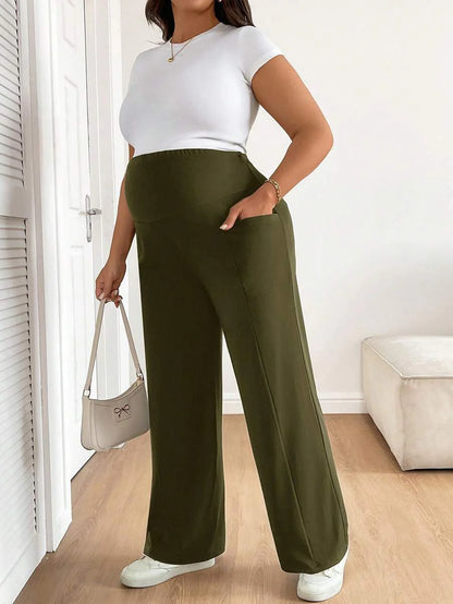 Plus Size Maternity Wide Leg Pants - Adjustable Ultra High Waist, Army Green