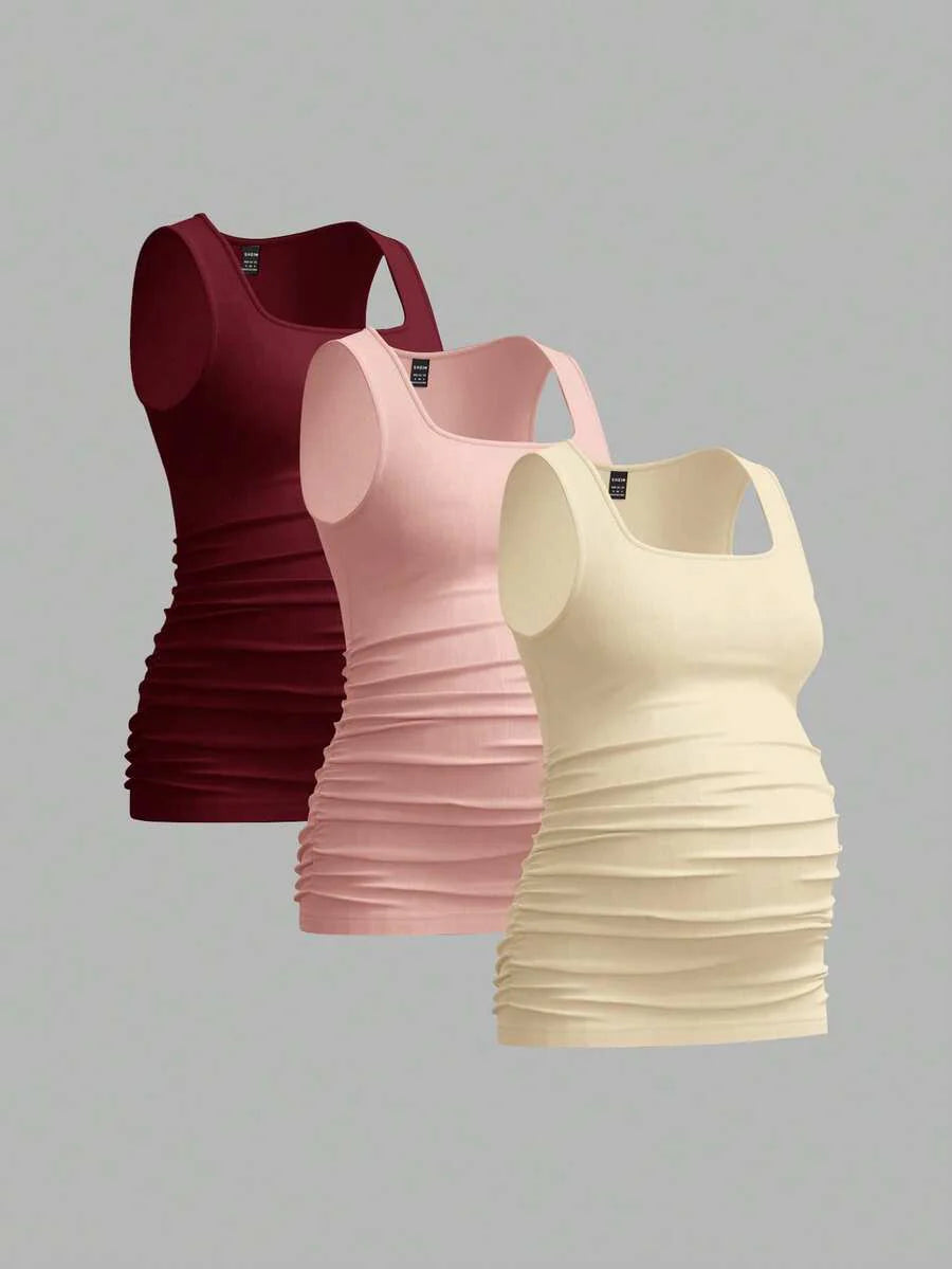 Maternity Ruched Tank Top 3-Pack - Square Neck, Slim Fit, Multicolor
