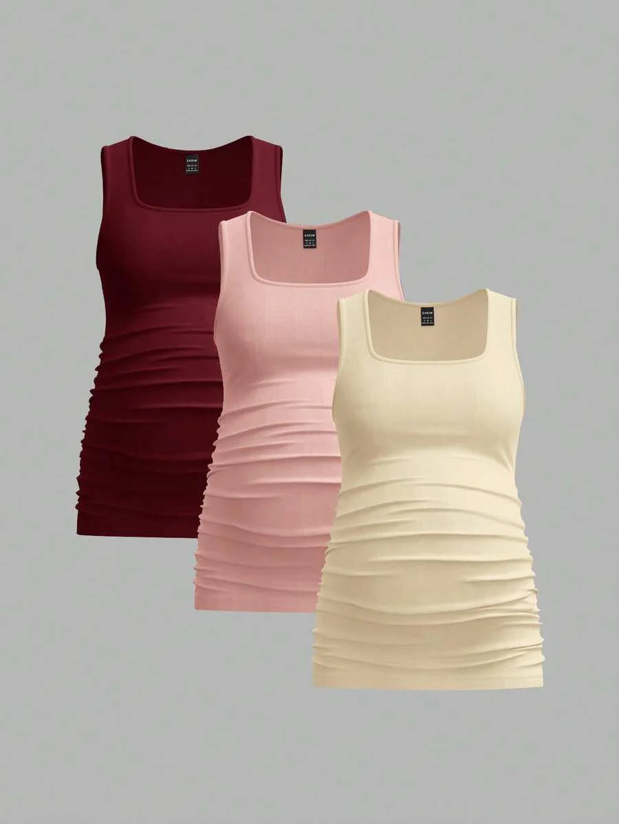 Maternity Ruched Tank Top 3-Pack - Square Neck, Slim Fit, Multicolor