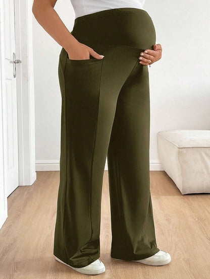 Plus Size Maternity Wide Leg Pants - Adjustable Ultra High Waist, Army Green