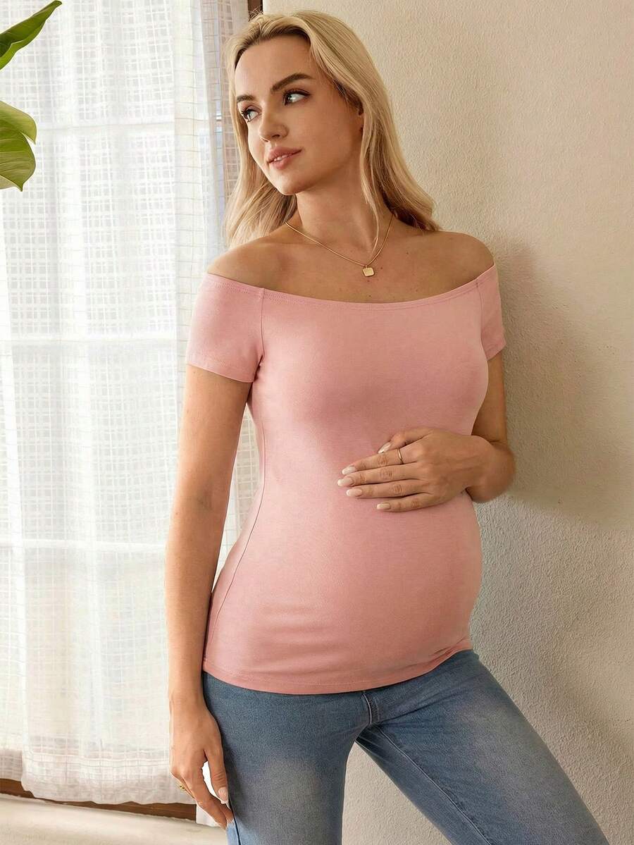 Black Off Shoulder Maternity T-Shirt - Slim Fit Knitted Short Sleeve Long Top with Rhinestone Detail and Pockets