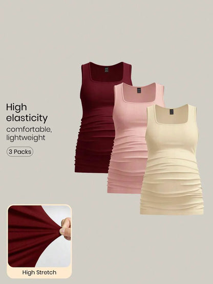 Maternity Ruched Tank Top 3-Pack - Square Neck, Slim Fit, Multicolor