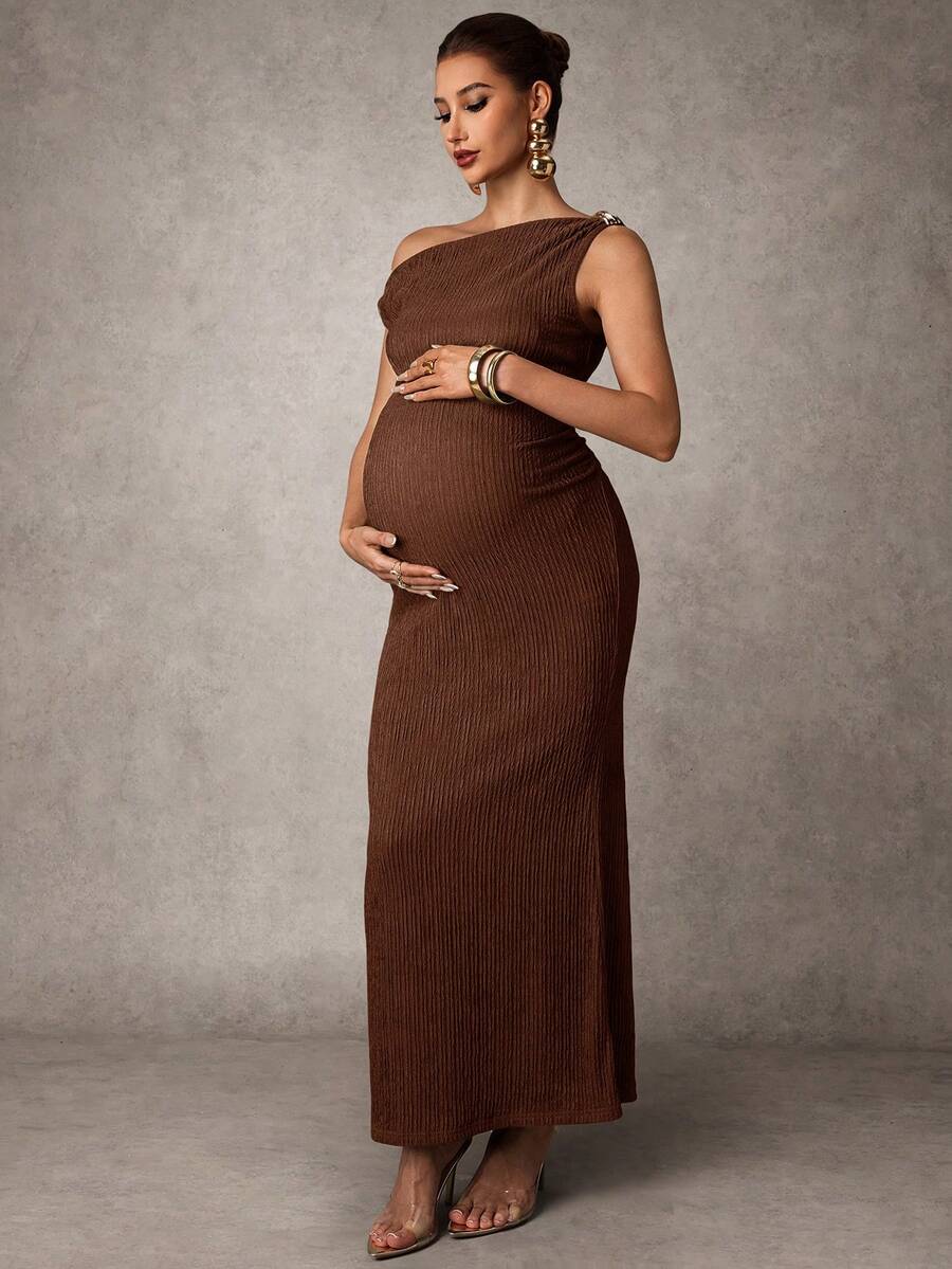 Maternity Casual Oblique Shoulder Sleeveless Long Dress Elegant Dresses Baby Shower Pregnancy Photoshoot Green Pregnant Bump Friendly