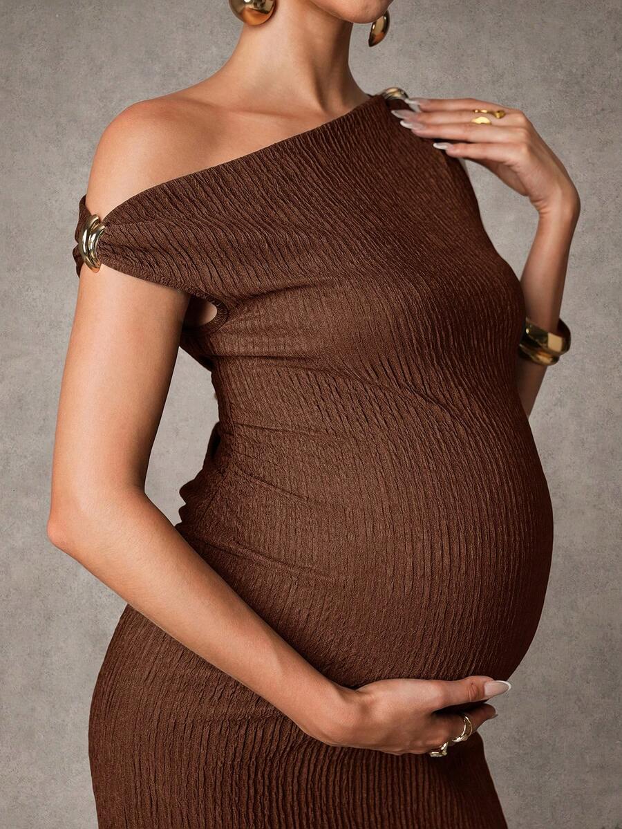 Maternity Casual Oblique Shoulder Sleeveless Long Dress Elegant Dresses Baby Shower Pregnancy Photoshoot Green Pregnant Bump Friendly
