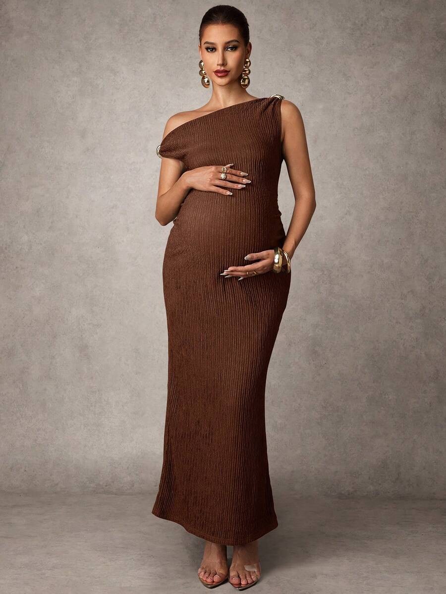 Maternity Casual Oblique Shoulder Sleeveless Long Dress Elegant Dresses Baby Shower Pregnancy Photoshoot Green Pregnant Bump Friendly