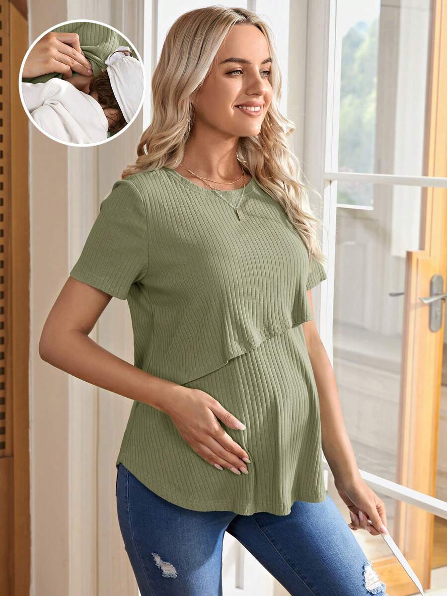 Maternity Nursing T-Shirt - Khaki Short Sleeve Round Neck Loose Fit Cotton Knitted Asymmetrical Long Casual Summer Top