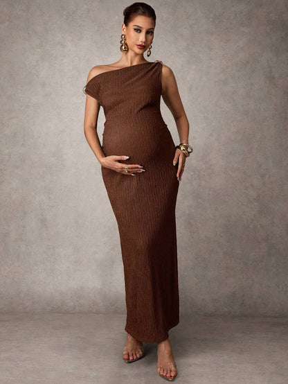 Maternity Casual Oblique Shoulder Sleeveless Long Dress Elegant Dresses Baby Shower Pregnancy Photoshoot Green Pregnant Bump Friendly