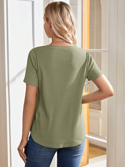 Maternity Nursing Ribbed Short Sleeve T-Shirt - Pink Round Neck Asymmetrical Hem Loose Fit Cotton Knit Maternity Top