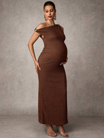 Maternity Casual Oblique Shoulder Sleeveless Long Dress Elegant Dresses Baby Shower Pregnancy Photoshoot Green Pregnant Bump Friendly