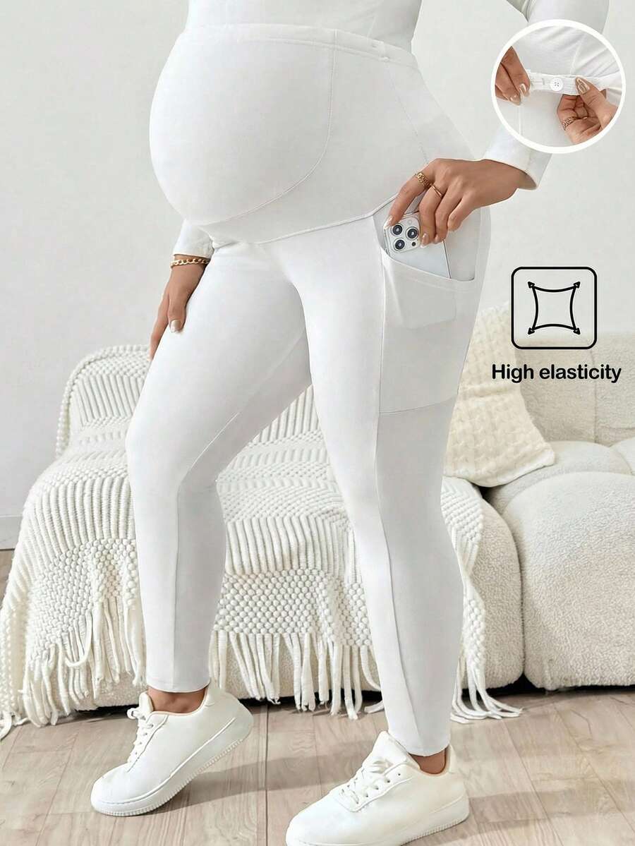 Plus Size Maternity Leggings - Adjustable Waist, Phone Pocket, Ultra High Waist, Slim Fit, Royal Blue