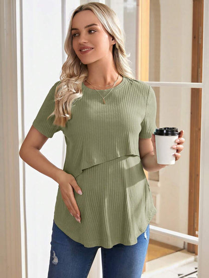 Maternity and Nursing Solid Blue Short Sleeve Top Loose Fit Rib-Knit High Stretch Round Neck Cotton Pregnancy Shirt