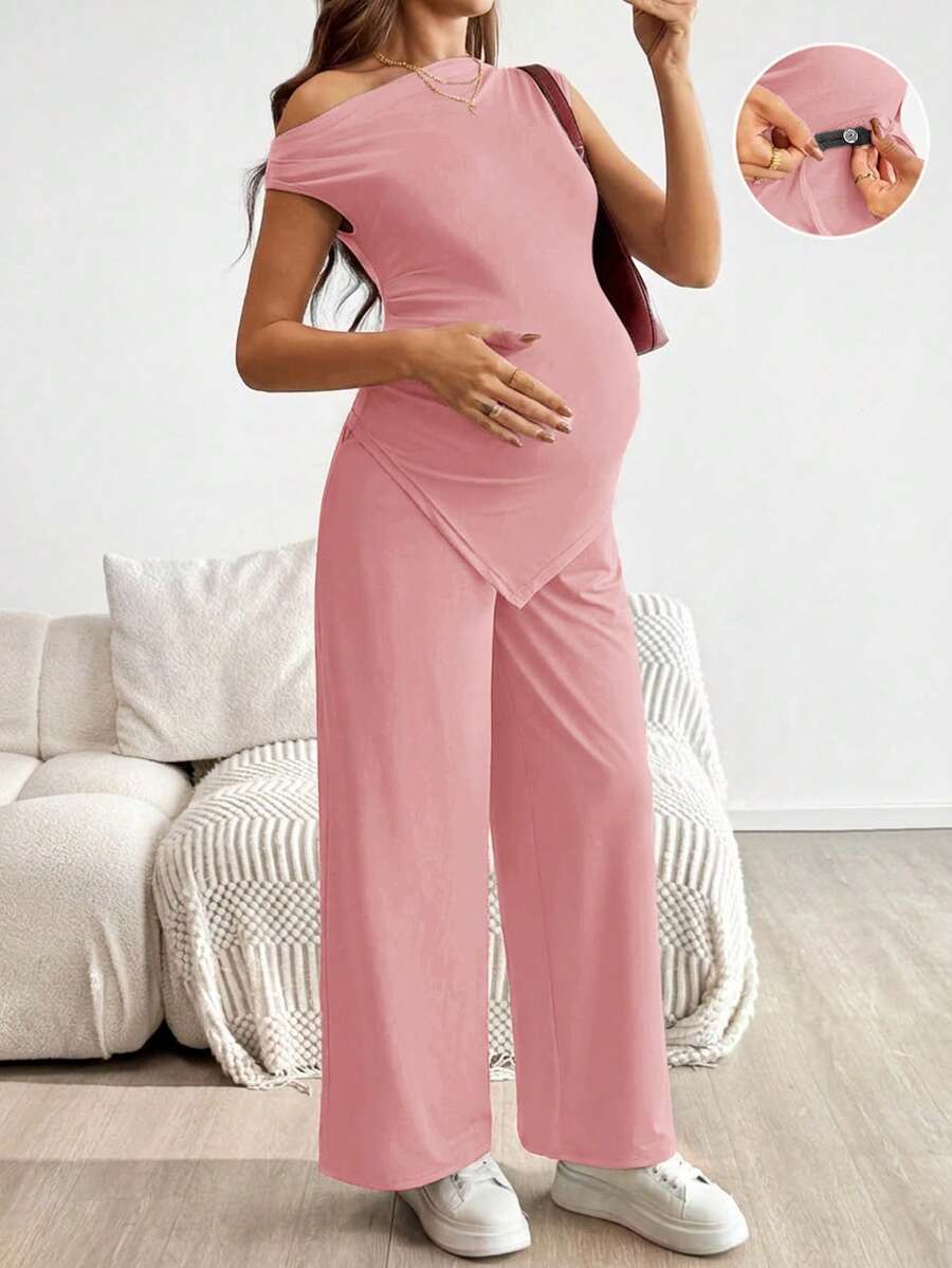2-Piece Maternity Off-Shoulder Asymmetrical Top and Wide Leg Pants Set - Adjustable Waist Black Long Sleeve Casual Lounge Set