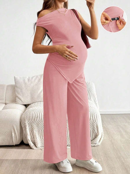 2-Piece Maternity Off-Shoulder Asymmetrical Top and Wide Leg Pants Set - Adjustable Waist Black Long Sleeve Casual Lounge Set