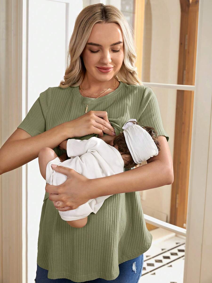 Army Green Nursing Top - Asymmetrical Loose Fit Cotton Short Sleeve Maternity T-Shirt with High Stretch
