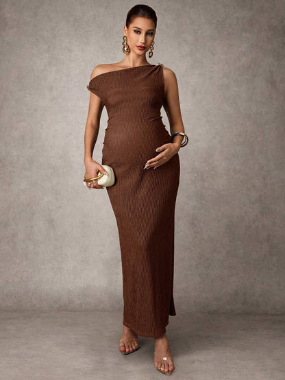 Maternity Casual Oblique Shoulder Sleeveless Long Dress Elegant Dresses Baby Shower Pregnancy Photoshoot Green Pregnant Bump Friendly