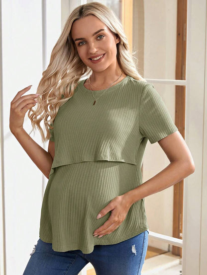 Maternity Nursing Top - Solid Color Round Neck Casual Short Sleeve Soft, Summer Breastfeeding