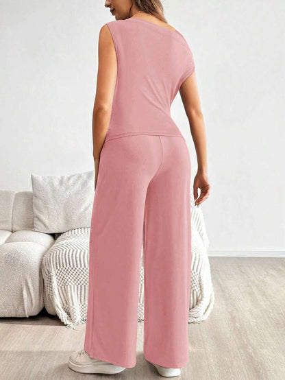 2-Piece Maternity Off-Shoulder Asymmetrical Top and Wide Leg Pants Set - Adjustable Waist Black Long Sleeve Casual Lounge Set