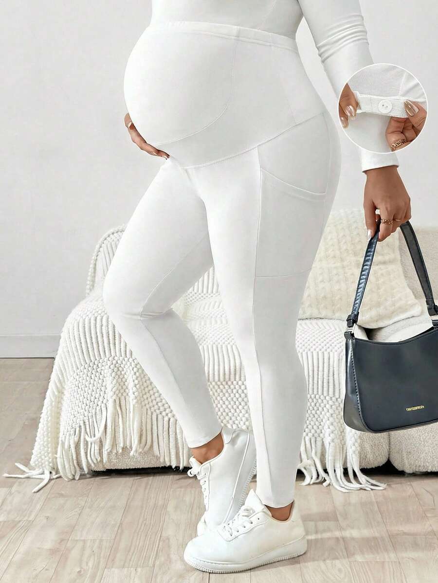 Plus Size Maternity Leggings - Adjustable Waist, Phone Pocket, Ultra High Waist, Slim Fit, Royal Blue