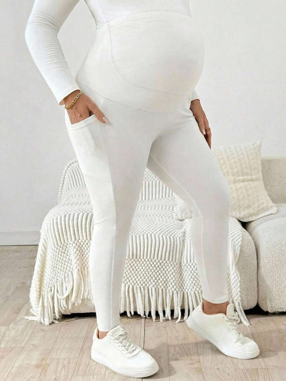 Plus Size Maternity Leggings - Adjustable Waist, Phone Pocket, Ultra High Waist, Slim Fit, Royal Blue