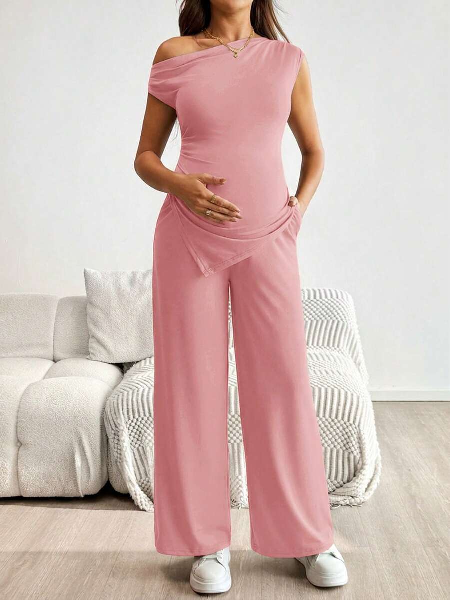 2-Piece Maternity Off-Shoulder Asymmetrical Top and Wide Leg Pants Set - Adjustable Waist Black Long Sleeve Casual Lounge Set