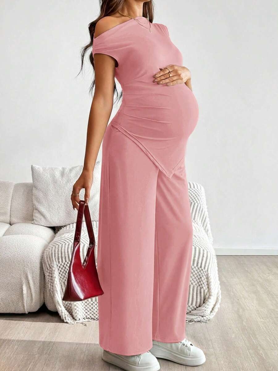 2-Piece Maternity Off-Shoulder Asymmetrical Top and Wide Leg Pants Set - Adjustable Waist Black Long Sleeve Casual Lounge Set