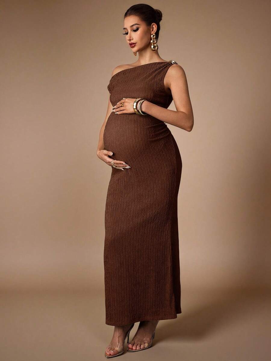 Maternity Casual Oblique Shoulder Sleeveless Long Dress Elegant Dresses Baby Shower Pregnancy Photoshoot Green Pregnant Bump Friendly