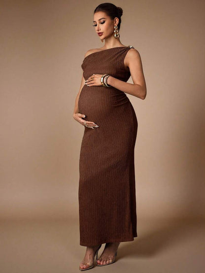 Maternity Casual Oblique Shoulder Sleeveless Long Dress Elegant Dresses Baby Shower Pregnancy Photoshoot Green Pregnant Bump Friendly