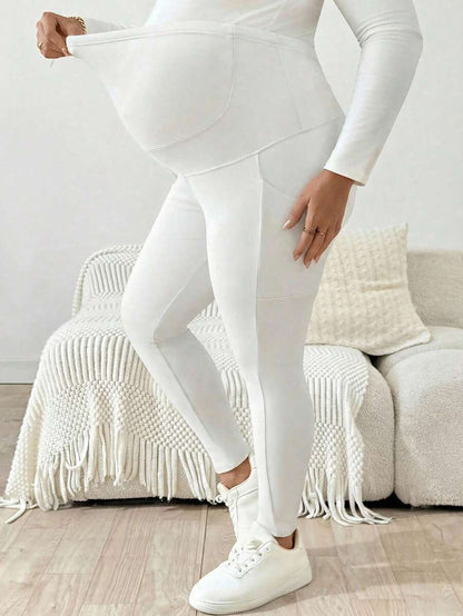 Plus Size Maternity Leggings - Adjustable Waist, Phone Pocket, Ultra High Waist, Slim Fit, Royal Blue