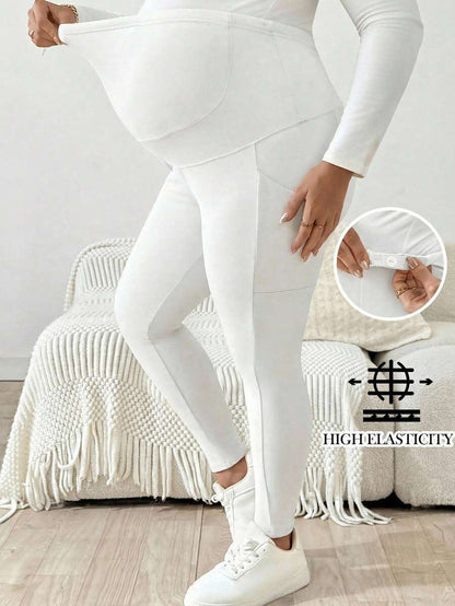 Plus Size Maternity Leggings - Adjustable Waist, Phone Pocket, Ultra High Waist, Slim Fit, Royal Blue
