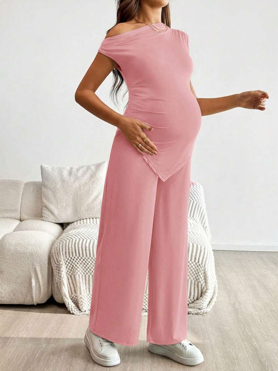 2-Piece Maternity Off-Shoulder Asymmetrical Top and Wide Leg Pants Set - Adjustable Waist Black Long Sleeve Casual Lounge Set