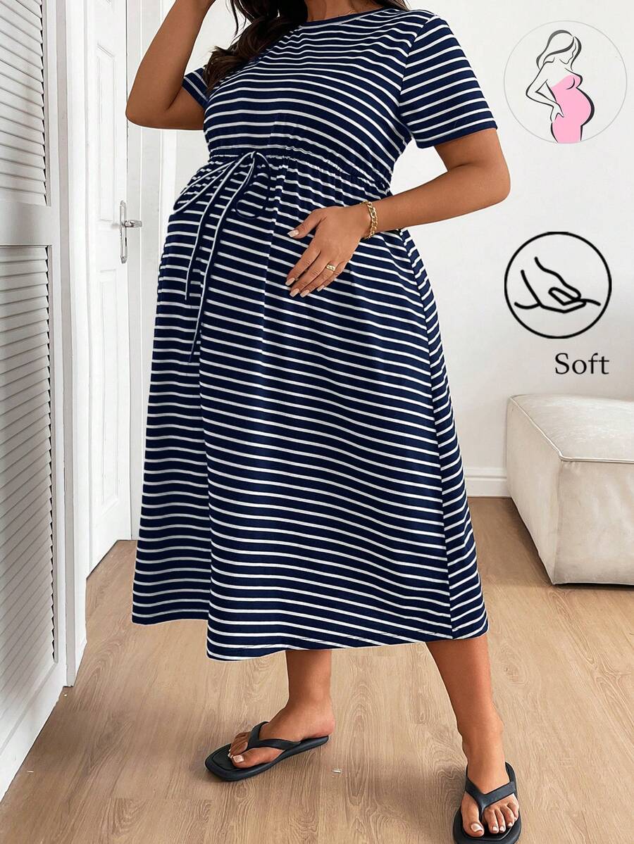 Plus Size Maternity Striped Midi Dress - Round Neck, Short Sleeve, Drawstring, High Waist, Black