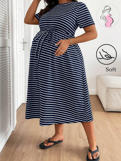 Plus Size Maternity Striped Midi Dress - Round Neck, Short Sleeve, Drawstring, High Waist, Black