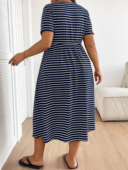 Plus Size Maternity Striped Midi Dress - Round Neck, Short Sleeve, Drawstring, High Waist, Black